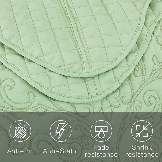 CHIXIN Bedspread Coverlet Quilt Set Full Size - Lightweight Bedding Cover - Beautiful Stitching - 5 Piece Reversible Bedspread - Luxury Damask Paisley Pattern (Full, Peak Green)