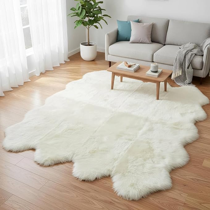 Genuine Extra Large Sheepskin Rug for Living Room/Bedroom - Super Soft Sheep Skin - Eight Pelt Natural Non-Dyed Fur with Skid Resistant Suede Backing, 6ft. x 8ft.