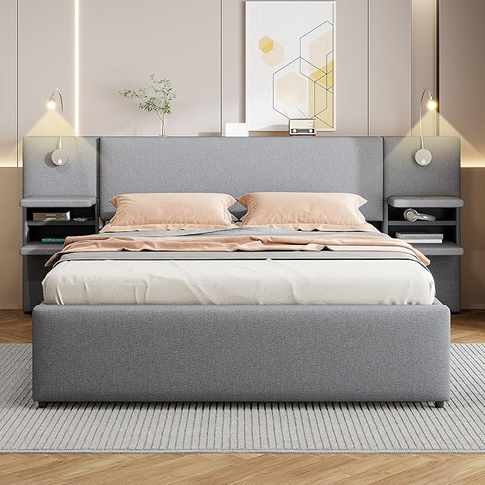 Luxury Queen Bed Frame,Queen Size Trundle Bed Frame with 2 Storage Drawers,Reading Lights, Storage Headboard,Storages Rack,Queen Size Linen Upholstered Platform Bed for Bedroom (Gray, Queen)