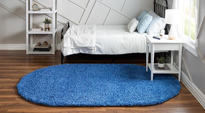 Unique Loom Solid Shag Collection Area Rug (5' 3" x 8' Oval, Periwinkle Blue)