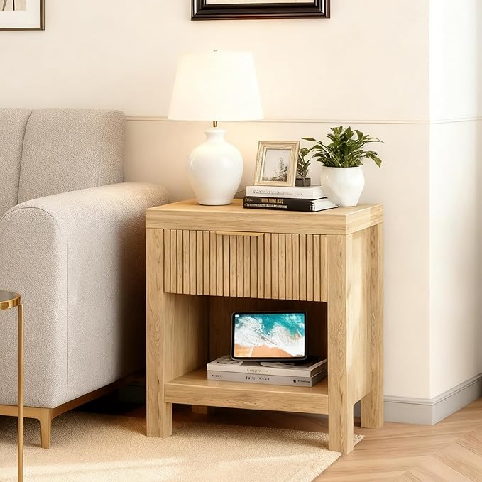 Nightstand Set of 2, End Table with 2 Drawers, Modern Bed Side Table with Storage, Farmhouse Fluted Cabinet Bedside Cabinet for Bedroom Living Room Sofa Couch Office Natural Oak