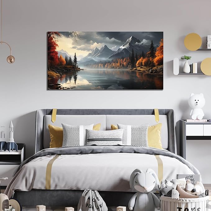 Landscape Wall Art for Living Room Bedroom Home Office Gray Wall Art Mountain Lake Pictures Modern Landscape Large Artwork Framed Canvas Prints 29x59 Inch