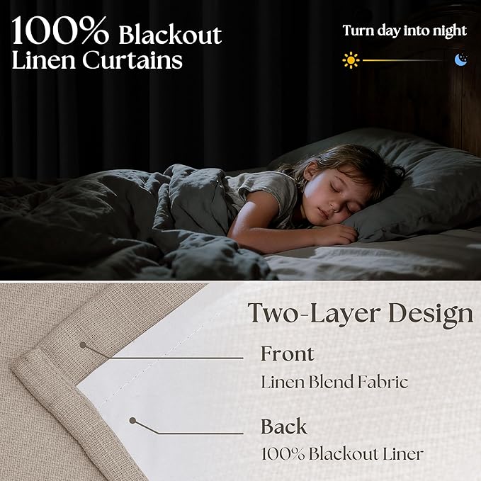Memory Trained Pinch Pleated 100% Blackout Linen 80 Inch Curtains for Bedroom Room Darkening Light Blocking Burlywood Tan Window Curtain 80 Inches Long Living Room Black Out Pleat Drapes Dual Layer