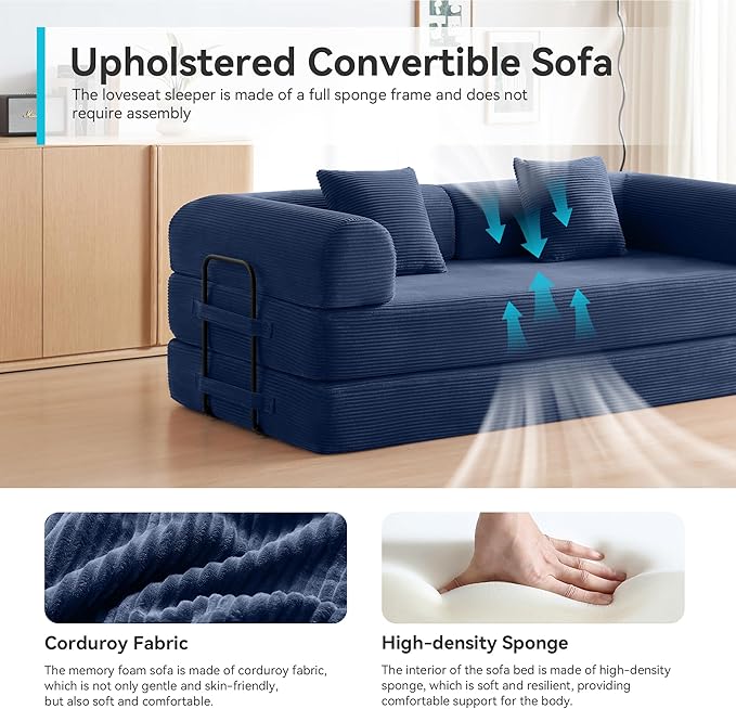 Convertible Sofa Bed with Corduroy Pillow,Comfy Floor Sofa Bed Compressed Sofa in Box, Convertible Sofa Bed for Living Room Bedroom Lounge Studio, Comfy High Density Foam Mattress(Navy Blue)