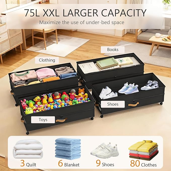 Under Bed Storage with Wheels 2-Pack, 75L XXL Under the Bed Storage Containers Large, 12" Tall Adjustable Storage for Underbed with Lids, Rolling for Clothes, Shoes, Blankets (Black)