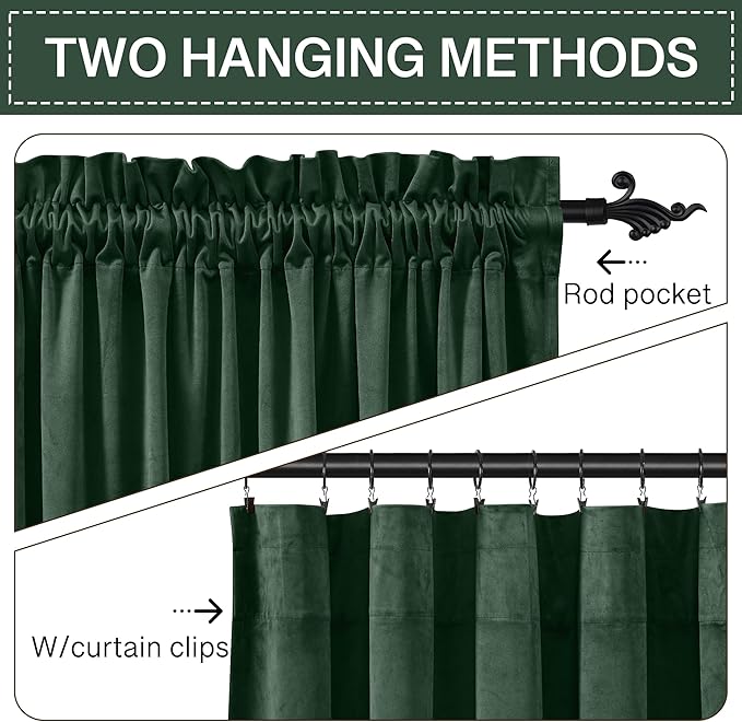 StangH Dark Green Velvet Curtains 102 inches Long 2 Panels, Thick Room Darkening Curtains & Drapes Christmas Home Decor Energy Saving for Living Room/Sliding Door, W52 x L102
