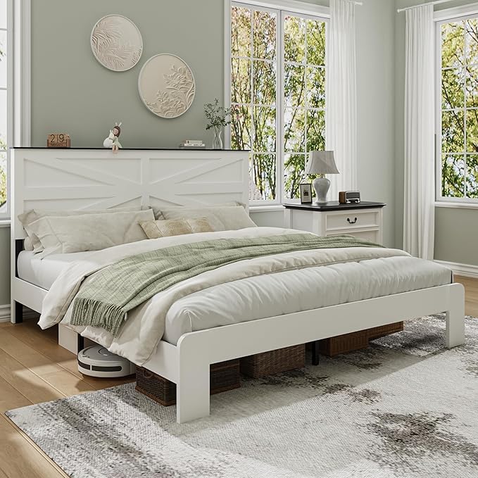 King Size Farmhouse Wooden Bed Frame with Headboard, Boho Platform Bedframe Sturdy Metal Slats Support, Spring Needed, Noisy Free, Easy Assembly (King, White)