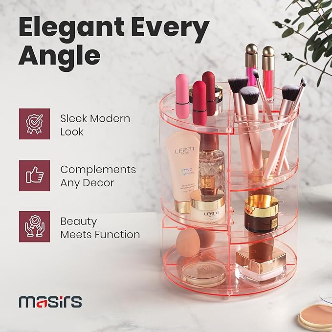Masirs 360 Rotating Makeup Organizer - Adjustable Shelf Height and Fully Rotatable - The Perfect Round Spinning Cosmetic Organizer for Bedroom Dresser or Vanity Countertop Storage (Pink)
