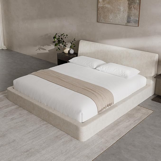RECCI Cloud King Size Bed Frame with Ergonomic Angled Foam Cushioned Headboard, Minimalist Design Platform Bed Frame, No Box Spring Needed, Easy Assembly (Beige)