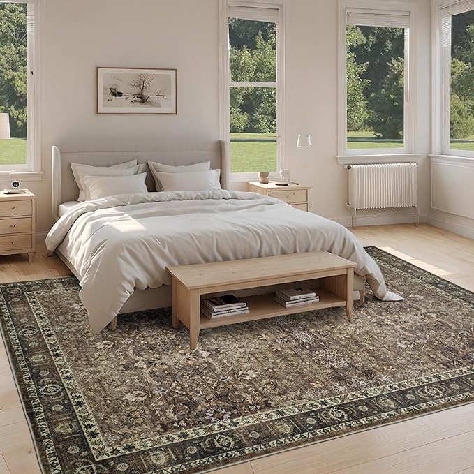 5x7 Vintage Washable Area Rug for Living Room,Low Pile Non Slip Carpet Non-Shedding Area Rug Soft Indoor Stain Resistant Rug Floral Print Mat for Bedroom Dining Room Brown Floral