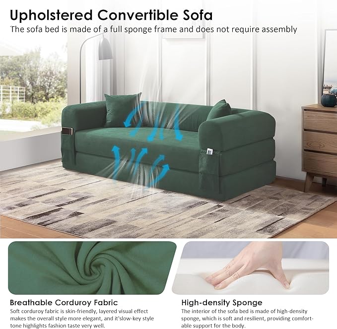 80" Convertible Sofa Bed, 3-in-1 Corduroy Folding Pull Out Couch with Pillows, No Assembly Modern Boneless Couch Compression Sofa in Box, Floor Sofa with Side Storage for Living Room,Light Green