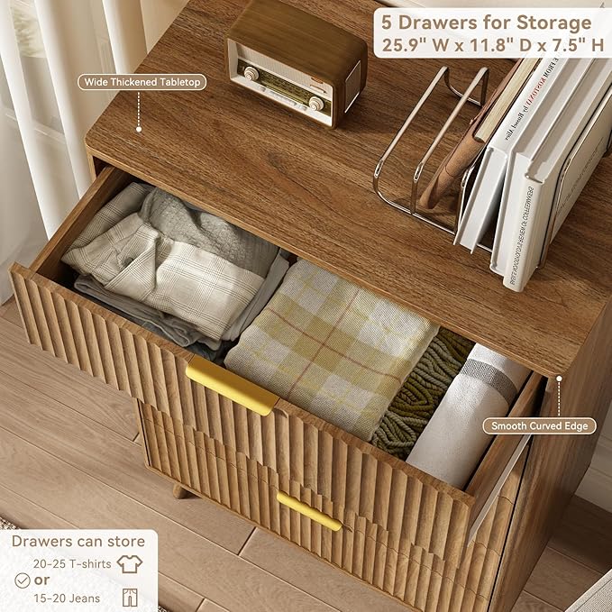 CARPETNAL Fluted 5 Drawers Dresser for Bedroom, 45" Tall Wooden Chest of Drawers with Rounded Corners, Gold Handles, Modern Storage Organizer for Bedroom, Hallway (Walnut)