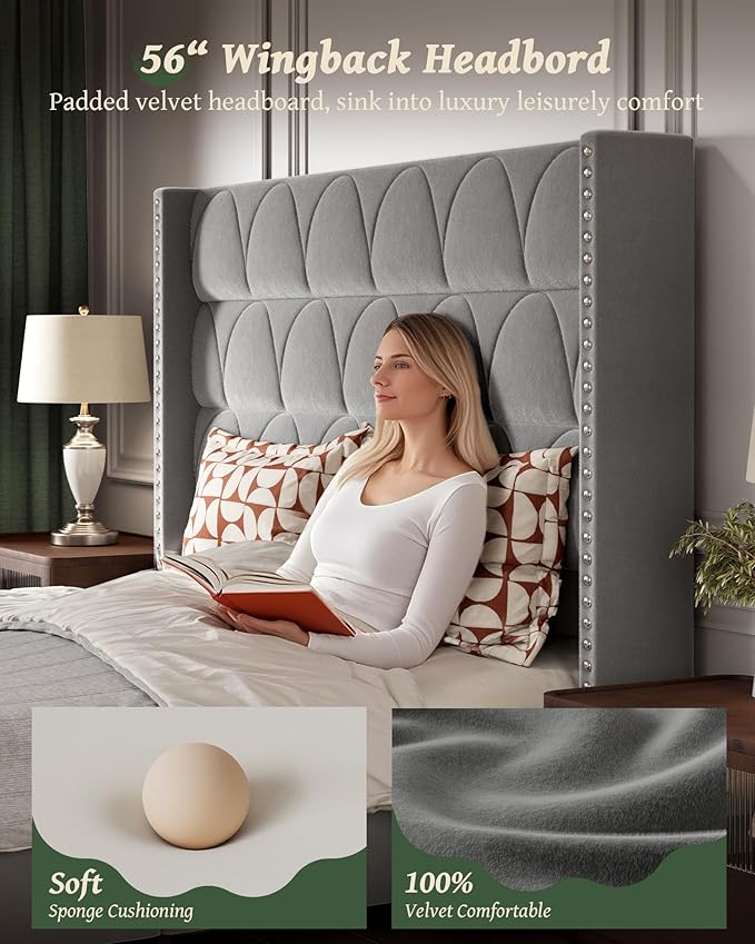 King Size Bed Frame with 56" Headboard - Velvet Upholstered Wingback Platform Bed Frame, Noise Free, Sturdy Wooden Slat Support (Deep Gray, King)