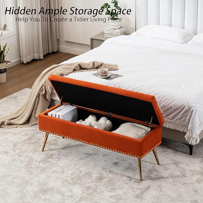 Velvet Storage Bench with Gold Legs& Nailhead Trim, 46" Wide Upholstered Modern Bedroom Bench for End of Bed, Tufted Ottoman for Entryway Living Room Dining Room (Orange, 46" Wide)