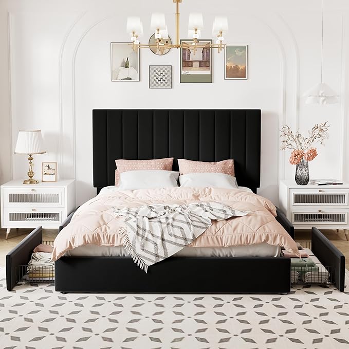 Allewie Queen Size Storage Bed Frame, Vertical Channel Tufted Adjustable Headboard, Velvet Upholstered Platform Bed with 4 Oversized Underbed Drawers, Wooden Slats Support, No Box Spring Needed, Black