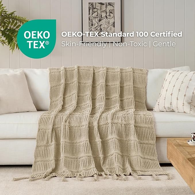 Boho Knitted Chenille Blanket with Tassels - Lightweight & Soft All-Season Throw - 3D Classic Pattern for Living Room Bedroom Couch, Sandy Beige, Twin 60"x80"