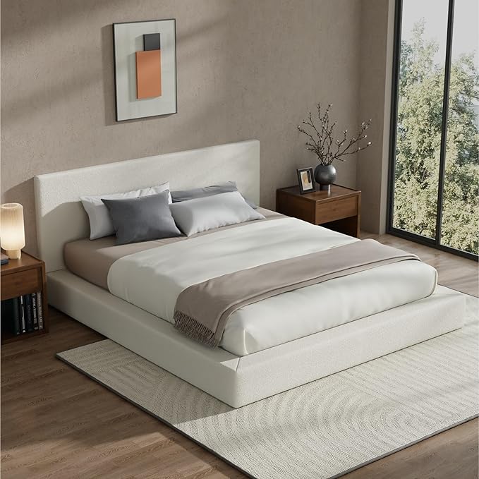 RECCI Cloud Boucle Upholstered King Bed Frame with Headboard, 5 Inch Foam Padded Platform, No Box Spring, Easy Assembly(Beige)