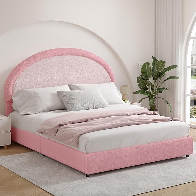 Full Size Bed Frame, Boucle Upholstered Platform Bed Frame with Headboard, Pink Bed Frame, Soft Rounded Corners, No Box Spring Required, Easy Assembly