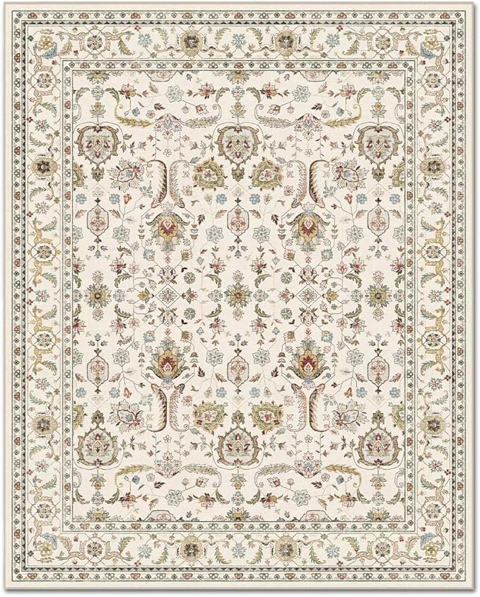 Washable 6x9 Area Rugs for Living Room, Boho Non-Slip Vintage Distress Large Rugs for Bedroom Dining Room Nursery Office, 0.3" Neutral Oriental Throw Thin Carpet, Beige/Rust/Green/Multi