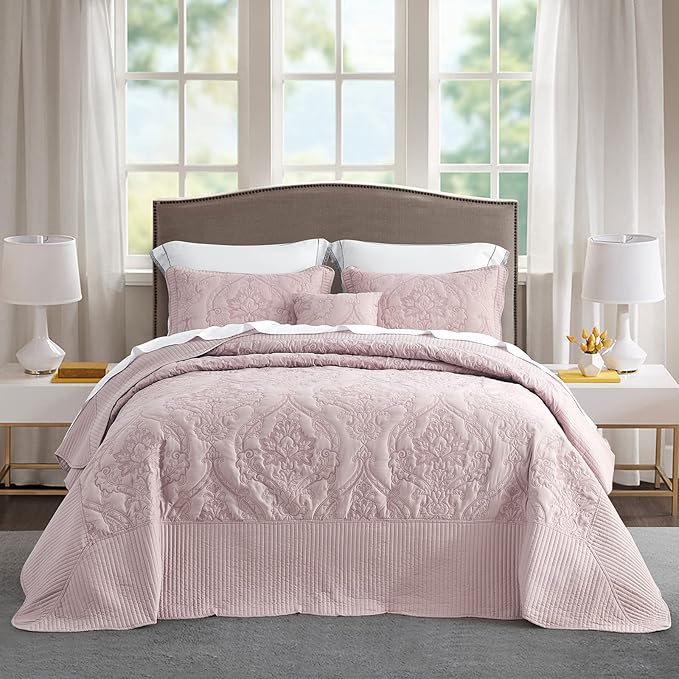 CHIXIN Bedspread Coverlet Quilt Set Full Size - Lightweight Bedding Cover - Beautiful Stitching - 5 Piece Reversible Bedspread - Gorgeous Damask Paisley Pattern (Full, Pale Rose)