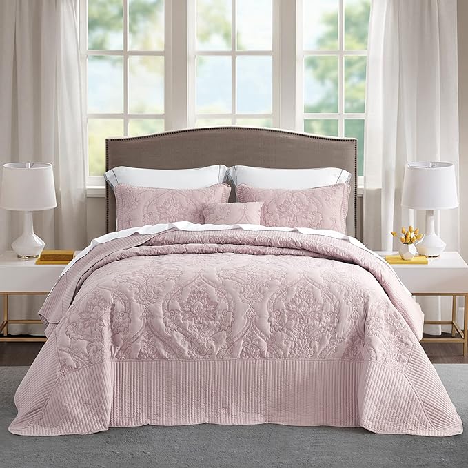 CHIXIN Bedspread Coverlet Set Queen Size - Lightweight Bedding Cover - Beautiful Stitching - 5 Piece Reversible Bedspread - Gorgeous Damask Paisley Pattern (Queen, Pale Rose)