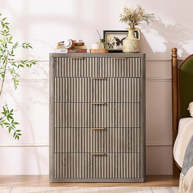 LEYAOYAO 42" Tall Fluted Dresser and 3 Drawers 23" Nightstand Set of 2, Wooden Dresser & Night Stand with Charging Station, 3 Piece Bedroom Furniture Set, Wood Chest of Drawer for Living Room,Grey