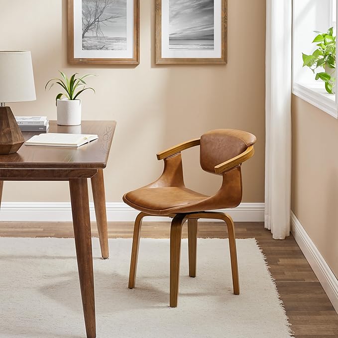 Art Leon Swivel Dining Chairs Set of 2 - Mid Century Modern Kitchen Dining Room Chairs, Faux Leather Chair No Wheels, Retro Brown