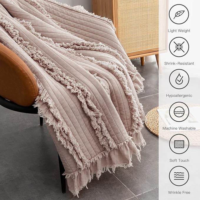Ultra Soft Pre-Washed Quilted Throw Blanket, Ruffle Fringed Dusty Rose Pink Decorative Throw, Stone Washed Chic Rustic Blanket for Sofa Couch Bed Chair, 50"x 60"
