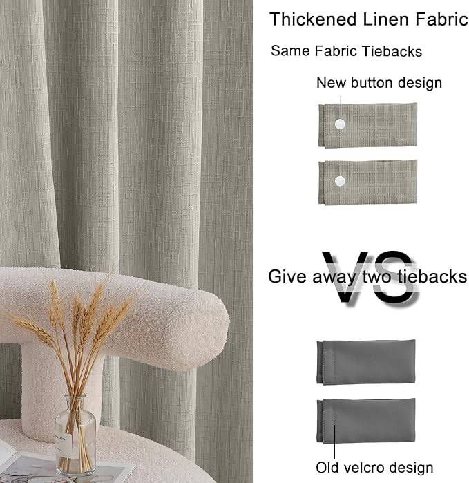 Jacquard Linen Curtains 96 inch Length 2 Panels Thick Faux Linen Blended Window Drapes Burlap Textured Curtains with Grommet for Living Room Bedroom Farmhouse (52x96 Light Khaki) Natural