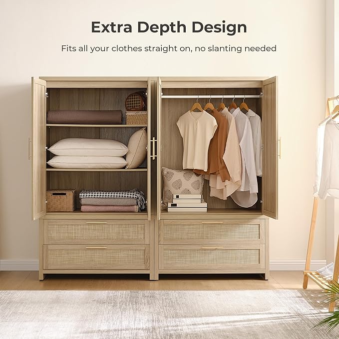 SICOTAS Rattan Armoire Wardrobe Closet Cabinet, 71" Wardrobe Storage Cabinet with 2 Drawers, and Hanging Rod, Boho Large-Capacity Deep Armoire Clothes Organizer for Bedroom, Cloak Room, Light Oak