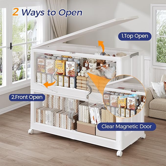 480QT Plastic Stackable Storage Bins with Lid, 120GAL Extra Large Collapsible Box with Wheels Clear Door, Foldable Closet Organizer Container Cabinet Drawer for Home Kitchen，4Pack, White