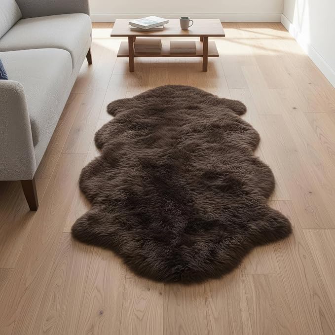 Natural & Genuine Dark Brown Sheepskin Rug, Real Fluffy Double Pelt 2x6 ft Fur Area Rug for Bedroom & Living Room Decor, Soft & Cozy Sheep Skin Throw
