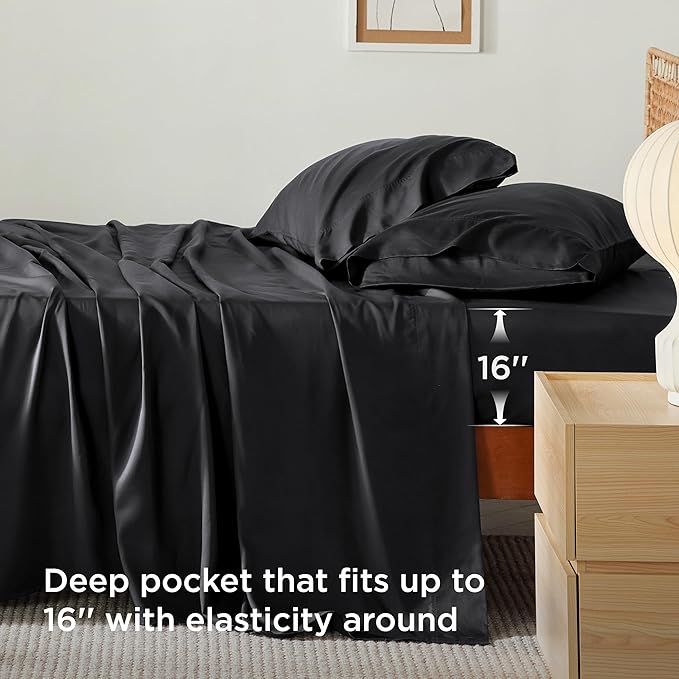 Bedsure Twin Sheets Set, Cooling Sheets Twin Size Bed Set, Rayon Derived from Bamboo, Twin Size Sheets, Breathable & Soft Bed Sheets, Hotel Luxury Silky Bedding Sheets & Pillowcases, Black