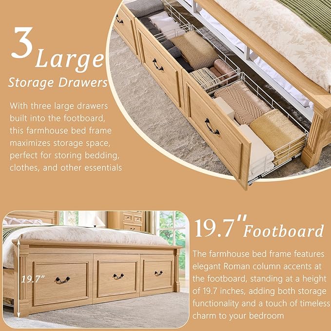 Farmhouse King Size Bed Frame with 51" Tall Headboard, Wood Platform Bed Frame with 20" Tall Roman Column Decoration Footboard & 3 Large Storage Drawers, No Box Spring Needed (Natrual)