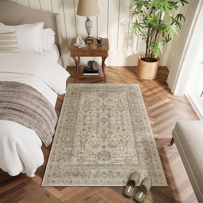Washable 4x6 Rugs for Living Room, Boho Non-Slip Vintage Distress Small Rugs for Bedroom Nursery Office, 0.3" Neutral Oriental Throw Thin Carpet with Cushioning Pad, Flaxen/Brown/Multi