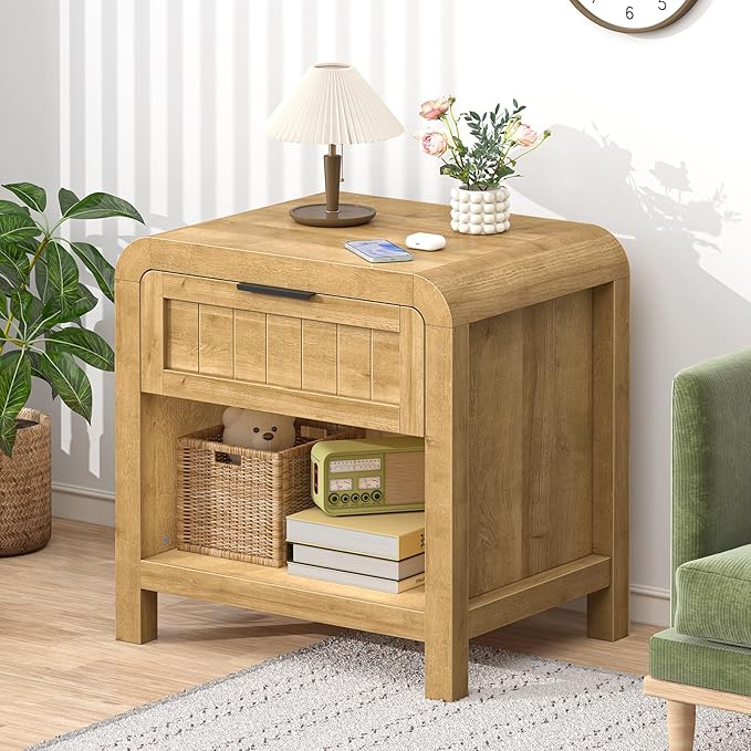 IKENO Wood Nightstand with Storage Drawer, 21" Wide Night Stand with Curved Profile Design, Bedside End Table for Bedroom, Living Room, Closet (1, Natural Oak, 1 Drawer)
