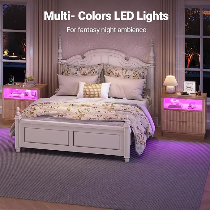 ELYKEN Wood Fluted Nightstand Set of 2, 24" Wide Night Stand with Charging Station & LED Lights, 2 Pack Bedside Table with 2 Drawers and USB & Type-C Port for Bedroom