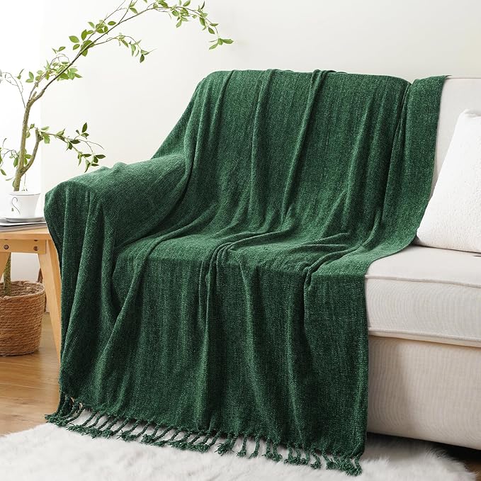 BATTILO HOME Chenille Knit Throw Blanket for Couch, Soft Cozy Christmas Green Knitted Throw Blanket with Fringe, Lightweight Blanket for Christmas Decoration, 50"x60"
