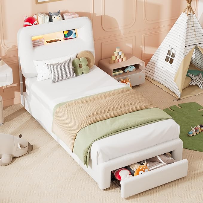 Twin LED Bed Frame with Storage Headboard & Charging Station, Kids Bed Frames with Bookcase, Teddy Fleece Upholstered Platform Bed Frames with 1 Storage Drawer, No Box Spring Needed, Beige