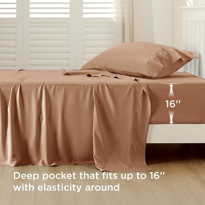 Bedsure Cooling Sheets Twin, Rayon Derived from Bamboo, Breathable & Soft Twin Sheets Set, Deep Pocket Up to 16 Inches, Hotel Luxury Silky Bedding for Hot Sleepers, Khaki