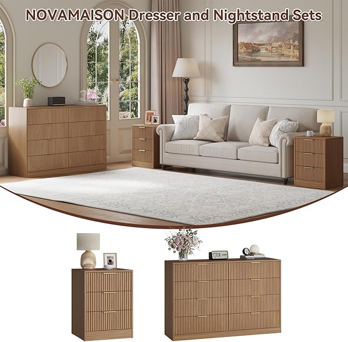 8 Drawer Dresser & 3 Drawer Nightstand Set 3-Piece, Tall Fluted Dresser and Night Stand Set of 2 w/Metal Handle, Modern Wood Chest of Drawers Storage Dressers Set for Bedroom, Natural Wood