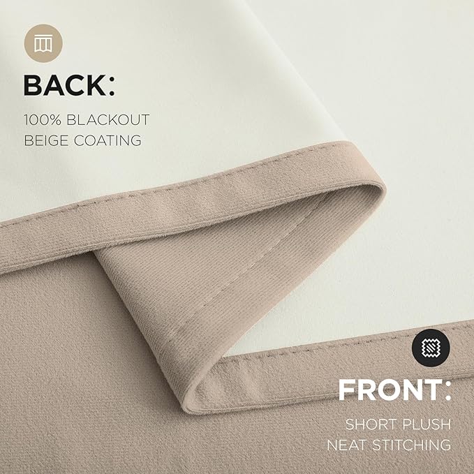 Joydeco Beige 100% Blackout Curtains 120 Inch 2 Panels, Luxury Thermal Beige Velvet Curtains for Bedroom Living Room, Soundproof Blackout Window Drapes, Rod Pocket & Back Tab (52W x 120L)