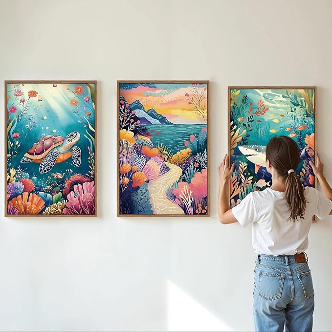 YeeHomedec Large Watercolor Ocean Themed Framed Canvas Wall Art, Sea Turtle Shark Wall Decor, Coastal Nature Landscape Art Print, Marine Life Poster for Kids Nursery Classroom Boys Bedroom 16"x24"x3