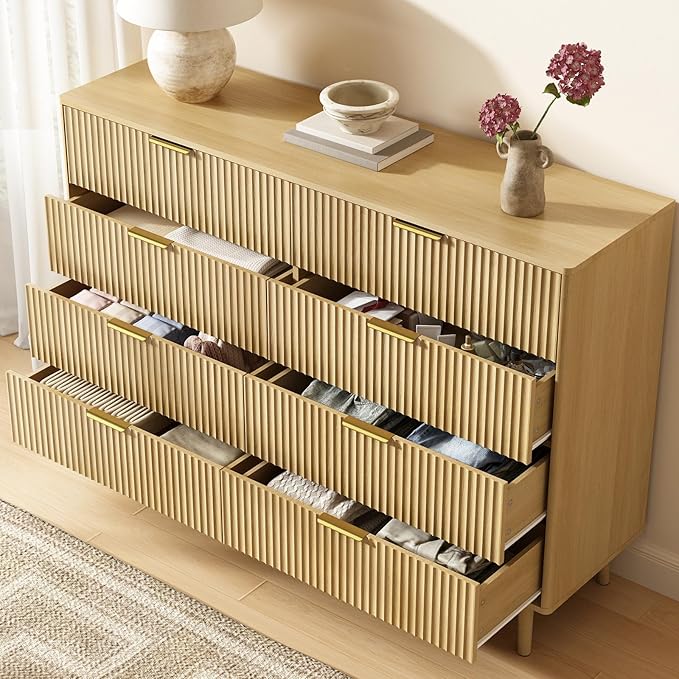 CARPETNAL Fluted 8 Drawer Dresser for Bedroom, 55" Wide Wooden Chest of Drawers with Rounded Corners, Gold Handles, Modern Storage Organizer for Bedroom, Hallway(Oak)