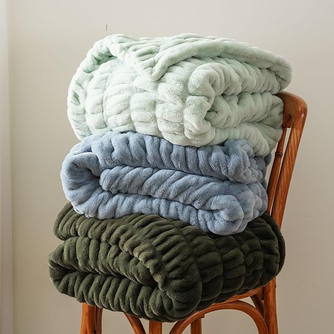 BATTILO HOME Olive Green Faux Fur Throw Blanket for Bed, Large Double Side Reversible Ruched Faux Rabbit Fur Throw for Couch, Bed, Super Soft Blanket Cozy Warm Mink Blanket, 60"x80"