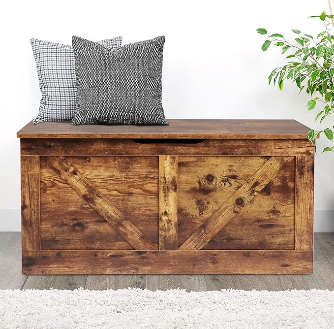 Timberer 39.4" Storage Chest, Wooden Storage Bench, Large Storage Trunk with 2 Safety Hinges, Entryway Shoes Bench for Living Room, Bedroom, Rustic Brown