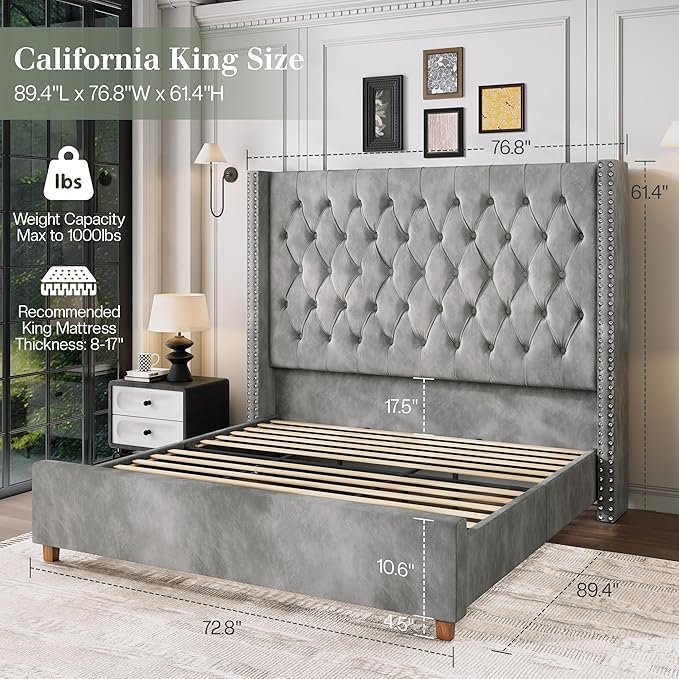 Jocisland California King Bed Frame with 61.4" Tall Wingback Headboard, Velvet Upholstered Platform Bed, Handcrafted Pleats& Deep Button Tufted, Solid Wood Legs, No Box Spring Required, Gray