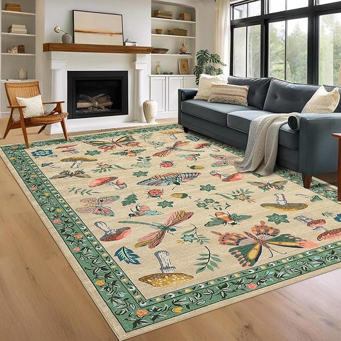 Mushroom 9x12 Rug for Living Room Non Slip Washable 9 X 12 Rug for Bedroom with Rubber Back Soft Low-Pile Stain Resistant Foldable Large Carpet for Nursery Dining Room Khaki Green