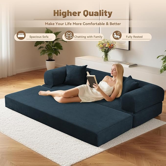 Convertible Sleeper Sofa Bed,80" Folding Sofa Bed Queen with Storage,Corduroy Pull Out Couch with Bed,Boneless Couches for Living Room,Compressed Couch in a Box,Navy Blue