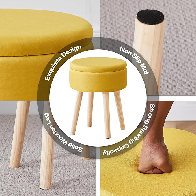 Mxfurhawa Storage Ottoman Foot Stool Linen Round Vanity Stool Tray Top Footstool with Wood Legs Multifunctional Upholstered Foot Rest Ottoman for Living Room, Bathroom, Makeup (Yellow)